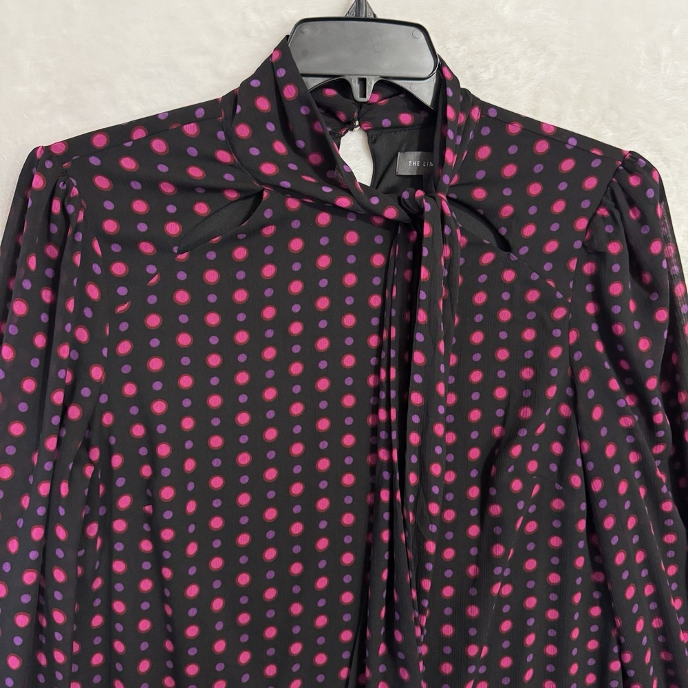 The Limited‎ Long Sleeve Tie Neck Shift Dress Size 10 Black Pink Polka Dot Retro - Picture 14 of 15